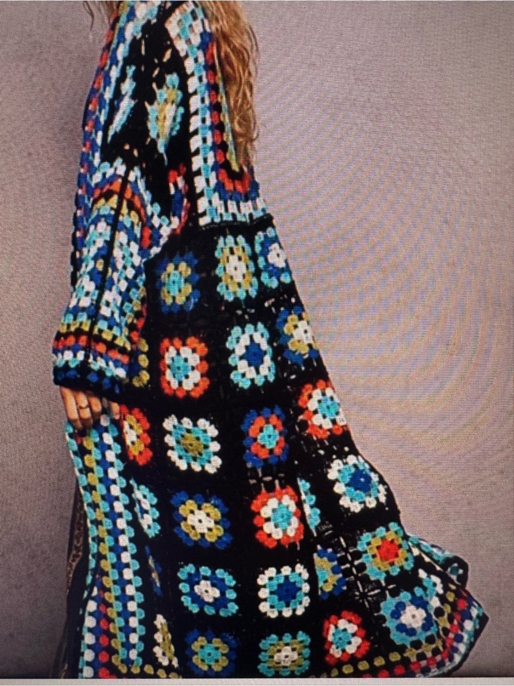 POL OS Boho Crochet Granny Square Cardigan - Black with Multicolor Squares